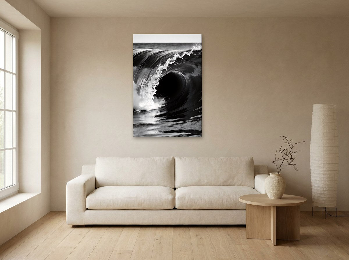 Mise en situation : toile « La courbe, noir et blanc » au-dessus d'un canapé écru, sur le mur beige d'un salon japandi