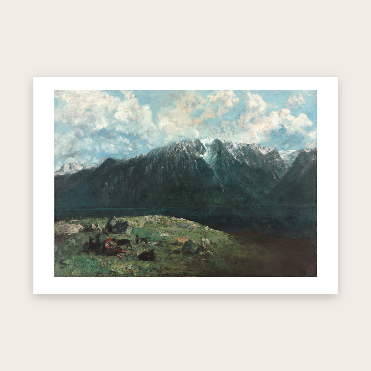 Affiche Grand panorama des Alpes d'après Courbet : sommets enneigés, grands nuages, chèvres noires dans un pré, marge blanche