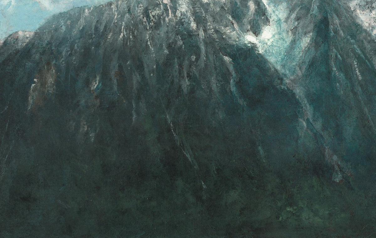 Détail du Grand panorama des Alpes (Courbet) : flanc de montagne vert sombre strié de neige