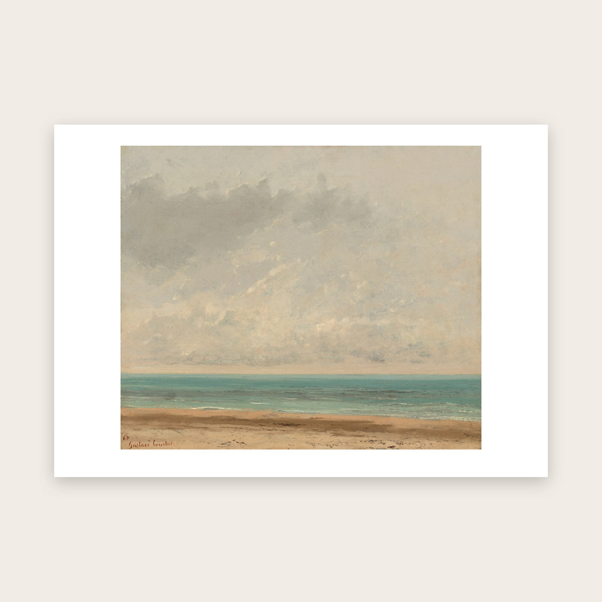 Affiche Mer calme d'après Courbet : grand ciel nuageux, bande de mer turquoise, plage de sable rosé, marge blanche