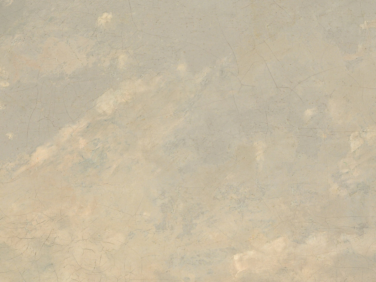 Détail de Mer calme (Courbet) : nuages crème et gris-bleu, fines craquelures de la peinture