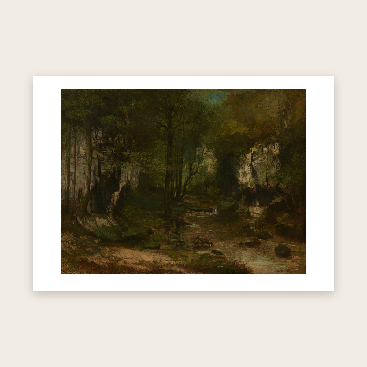 Affiche Le Ruisseau du Puits-Noir d'après Courbet : ruisseau, pierres moussues, falaises claires, sous-bois, marge blanche