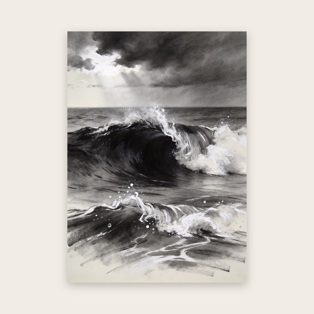 Affiche vague au fusain : grande vague noire qui se brise sous un ciel d'orage percé de rayons, écume à la craie blanche