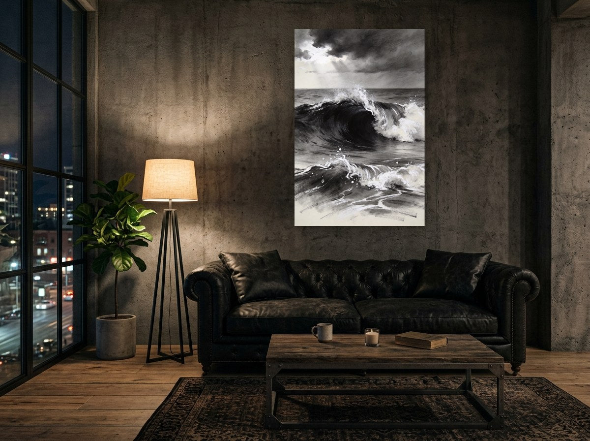 Mise en situation : toile « Déferlante au fusain » sur le mur de béton d'un loft, au-dessus d'un canapé chesterfield en cuir noir