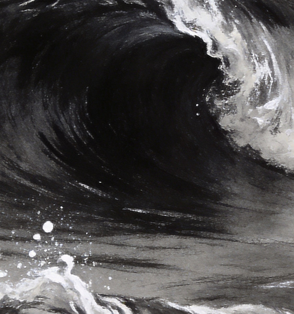 Détail : le creux noir velouté de la vague et l'écume relevée à la craie blanche