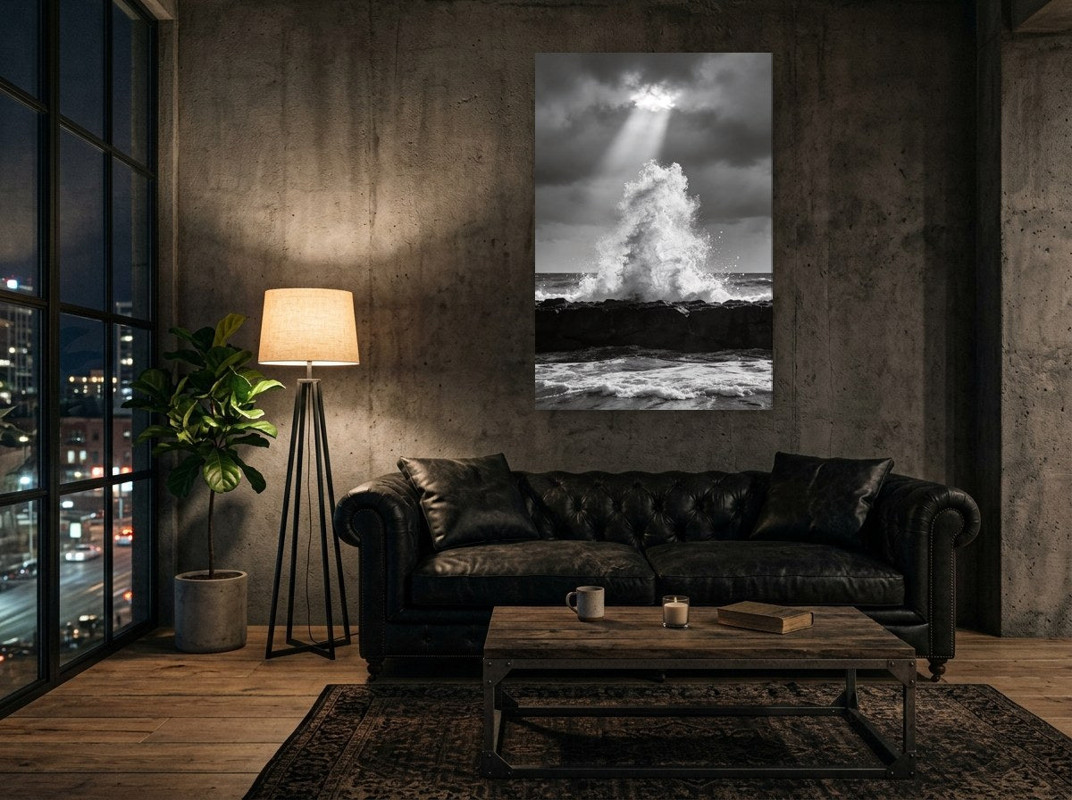 Mise en situation : toile « La déferlante et le rayon » sur le mur de béton d'un loft, au-dessus d'un canapé chesterfield en cuir noir