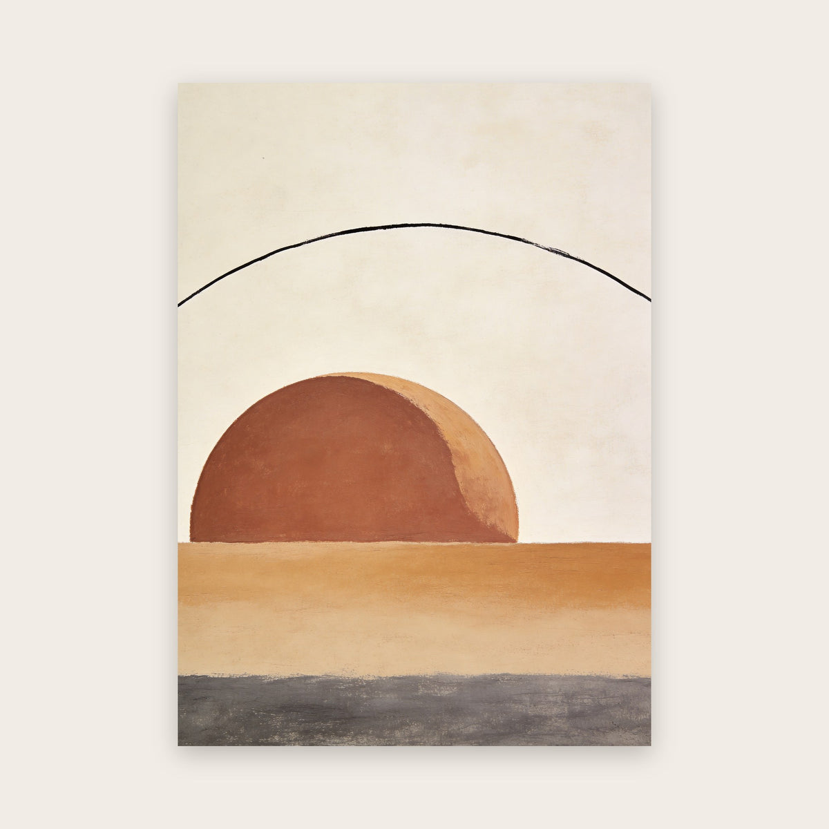 Affiche japandi : demi-disque terracotta posé sur une bande ocre, arc noir fin au-dessus, bande gris ardoise en bas
