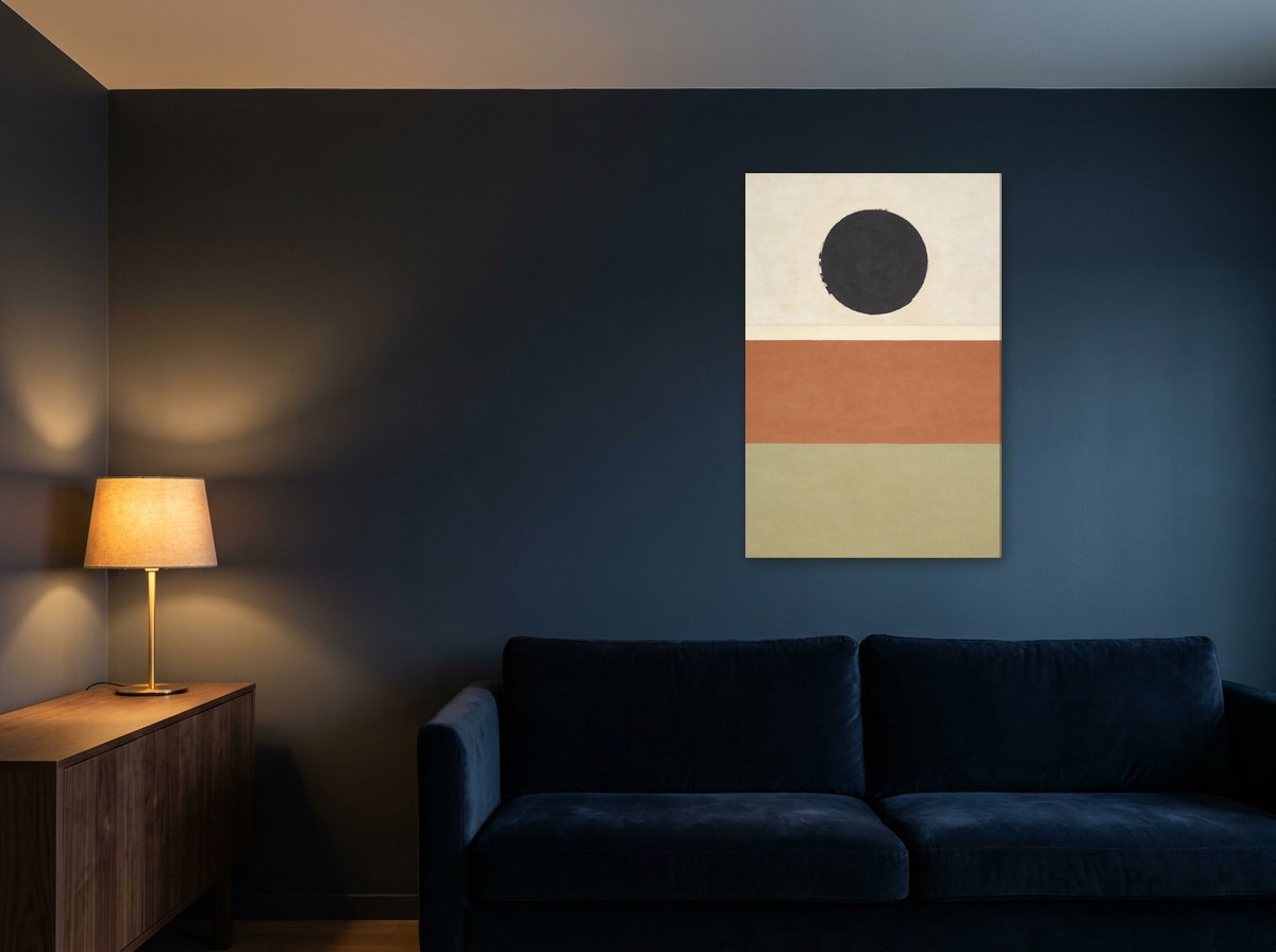 Mise en situation : toile « Disque charbon » au-dessus d'un canapé en velours bleu marine, sur un mur bleu nuit éclairé par une lampe