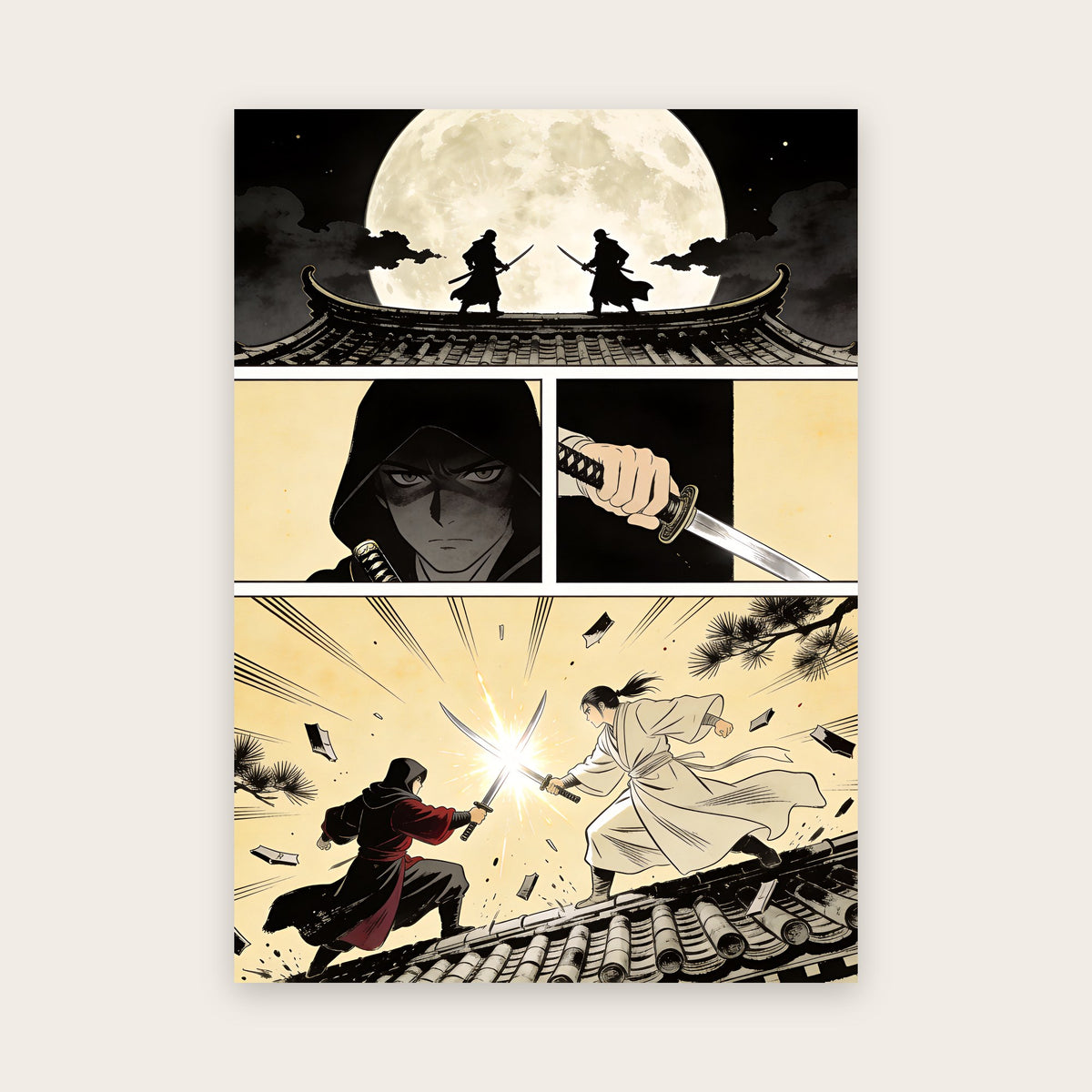 Affiche style manga en quatre cases : deux sabreurs face à face sur un toit de temple devant la pleine lune, puis le choc de leurs lames