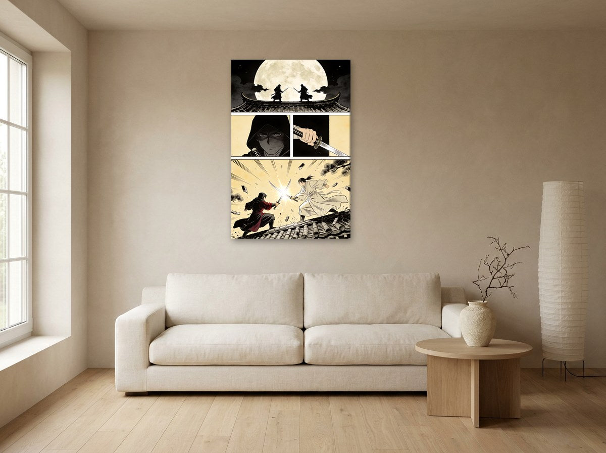 Mise en situation : toile de la planche du duel sur les toits, sur le mur beige d'un salon japandi au-dessus d'un canapé blanc