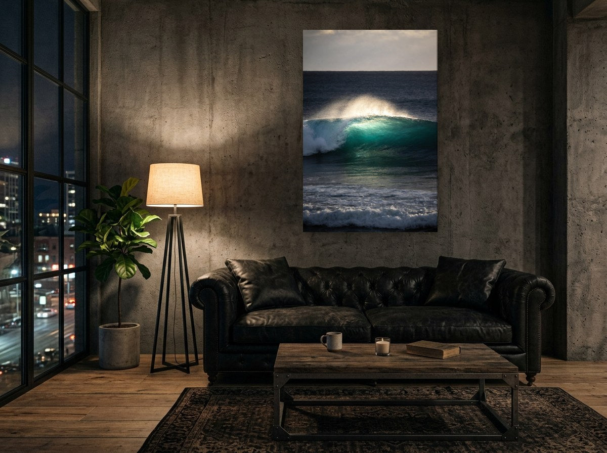 Mise en situation : toile « Éclaircie d'orage » sur le mur de béton d'un loft, au-dessus d'un canapé chesterfield en cuir noir