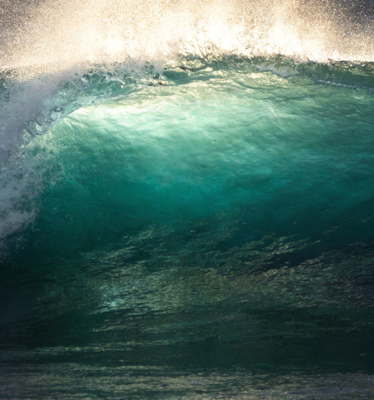 Détail : la paroi émeraude de la vague, éclairée de l'intérieur, sous un voile d'embruns doré