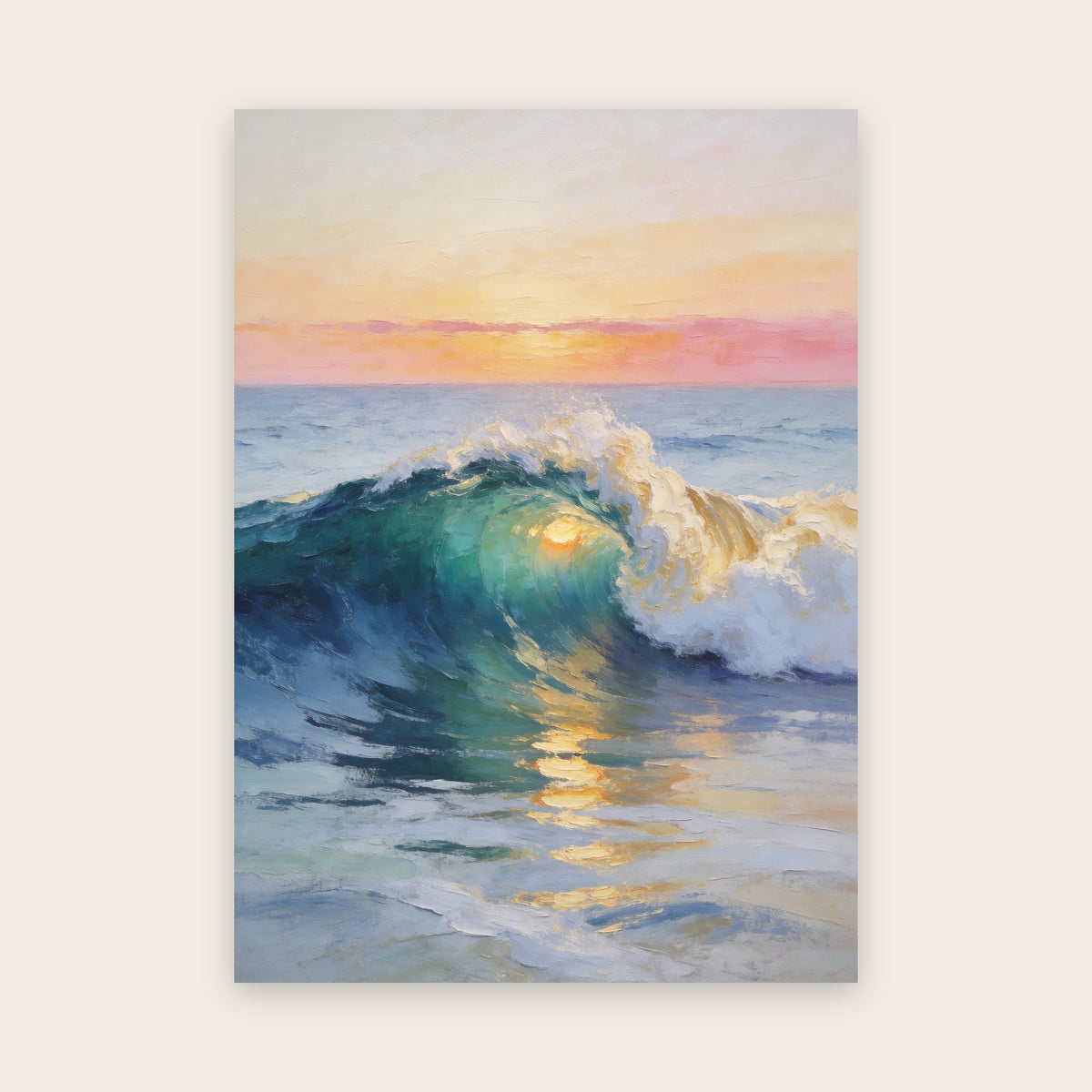 Affiche vague façon peinture à l'huile : vague vert jade au coucher du soleil, écume crème et dorée, ciel pêche et rose