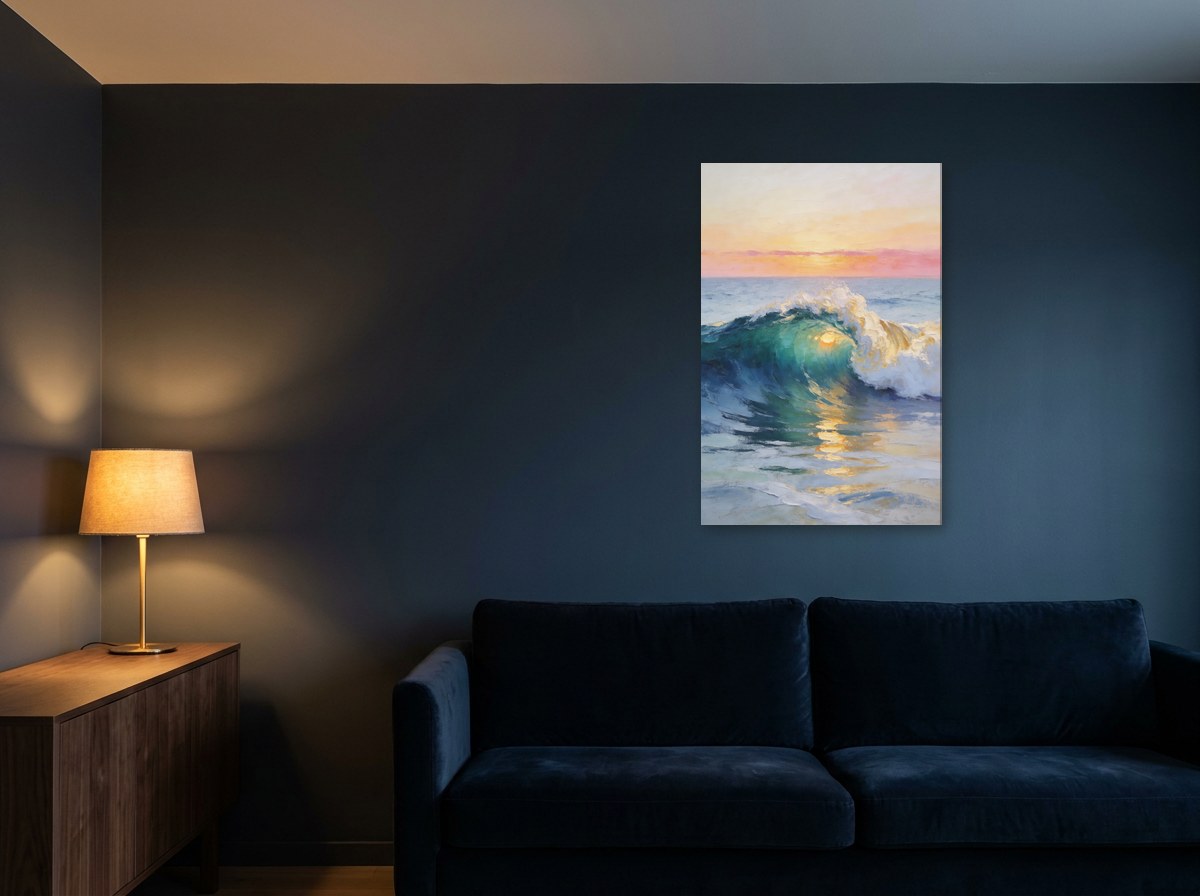Mise en situation : toile « Écume dorée, huile en pleine pâte » au-dessus d'un canapé en velours bleu marine, sur un mur bleu nuit éclairé par une lampe