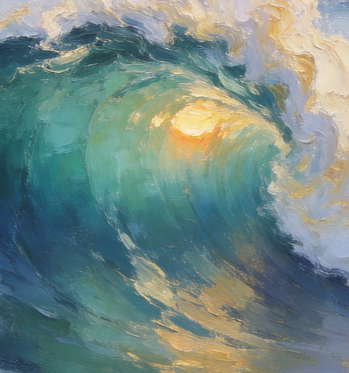 Détail : la paroi vert jade et le reflet doré du soleil, en épaisses touches de peinture