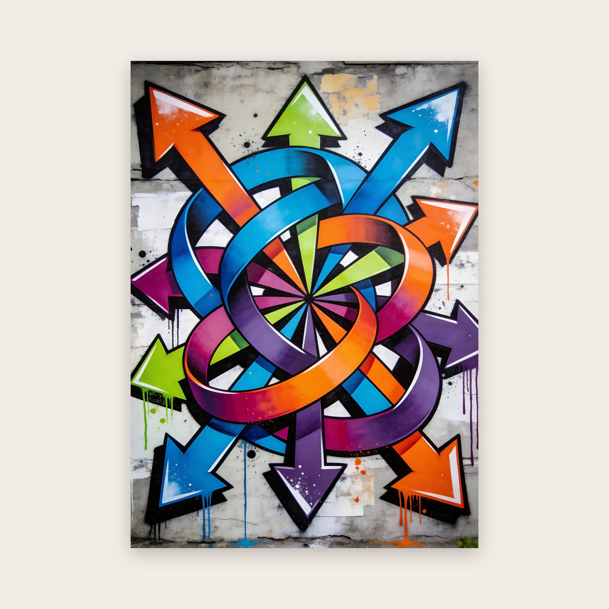 Affiche street art abstraite : flèches orange, bleues, vertes et violettes rayonnant autour d'anneaux entrelacés et d'une rosace colorée sur un mur de béton