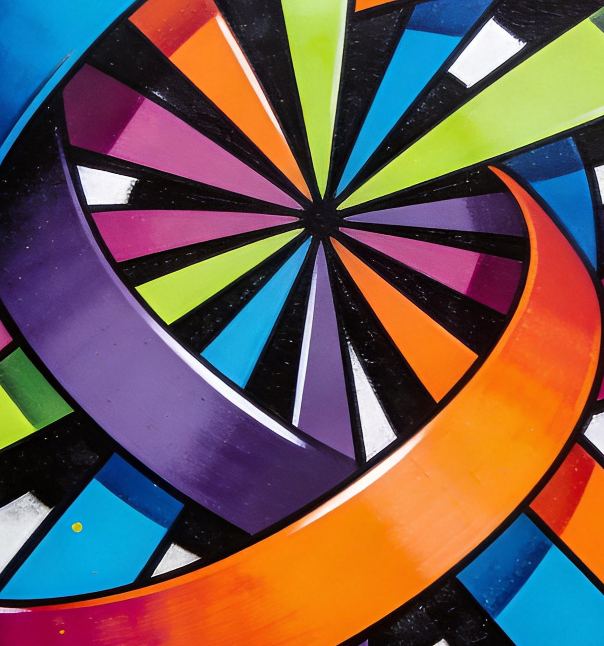 Détail : rosace de triangles colorés et anneaux orange et violets cernés de noir