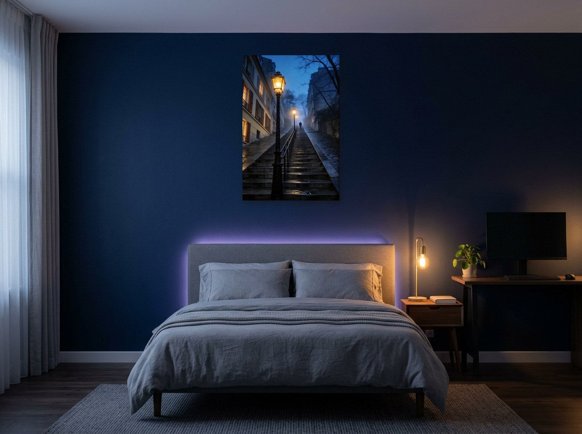 Mise en situation : toile de l'escalier aux réverbères accrochée au-dessus du lit, sur le mur bleu nuit d'une chambre le soir