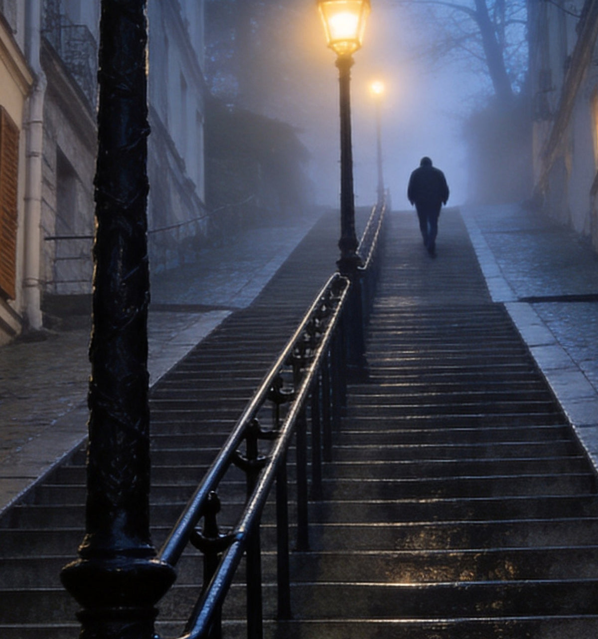 Détail : rampe en fer, réverbère et silhouette montant les marches dans la brume