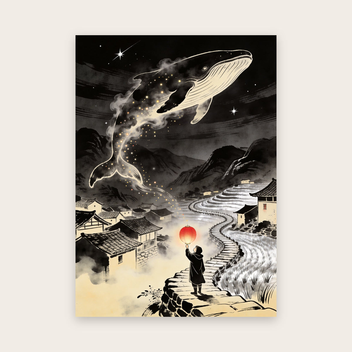 Affiche style manga : baleine de fumée constellée de lumières au-dessus d'un village de montagne la nuit, promeneur levant une lanterne vermillon