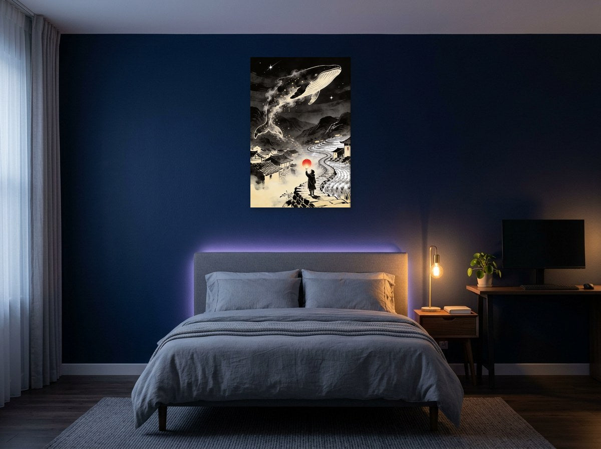 Mise en situation : toile de la baleine des brumes au-dessus d'un lit au linge gris-bleu, sur le mur bleu nuit d'une chambre