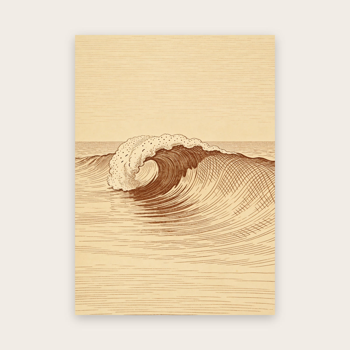 Affiche vague façon gravure ancienne : vague dessinée à la plume en hachures sépia, rouleau d'écume pointillé, sur papier crème