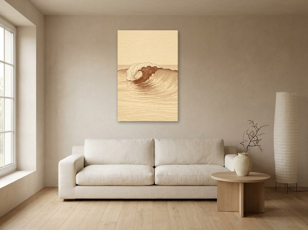 Mise en situation : toile « Étude à la plume, sépia » au-dessus d'un canapé écru, sur le mur beige d'un salon japandi