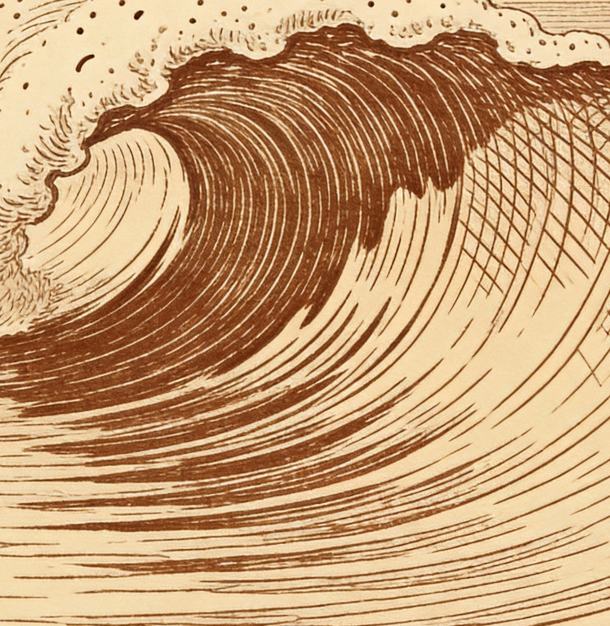 Détail : le corps de la vague en hachures croisées sépia, sous le rouleau d'écume pointillé