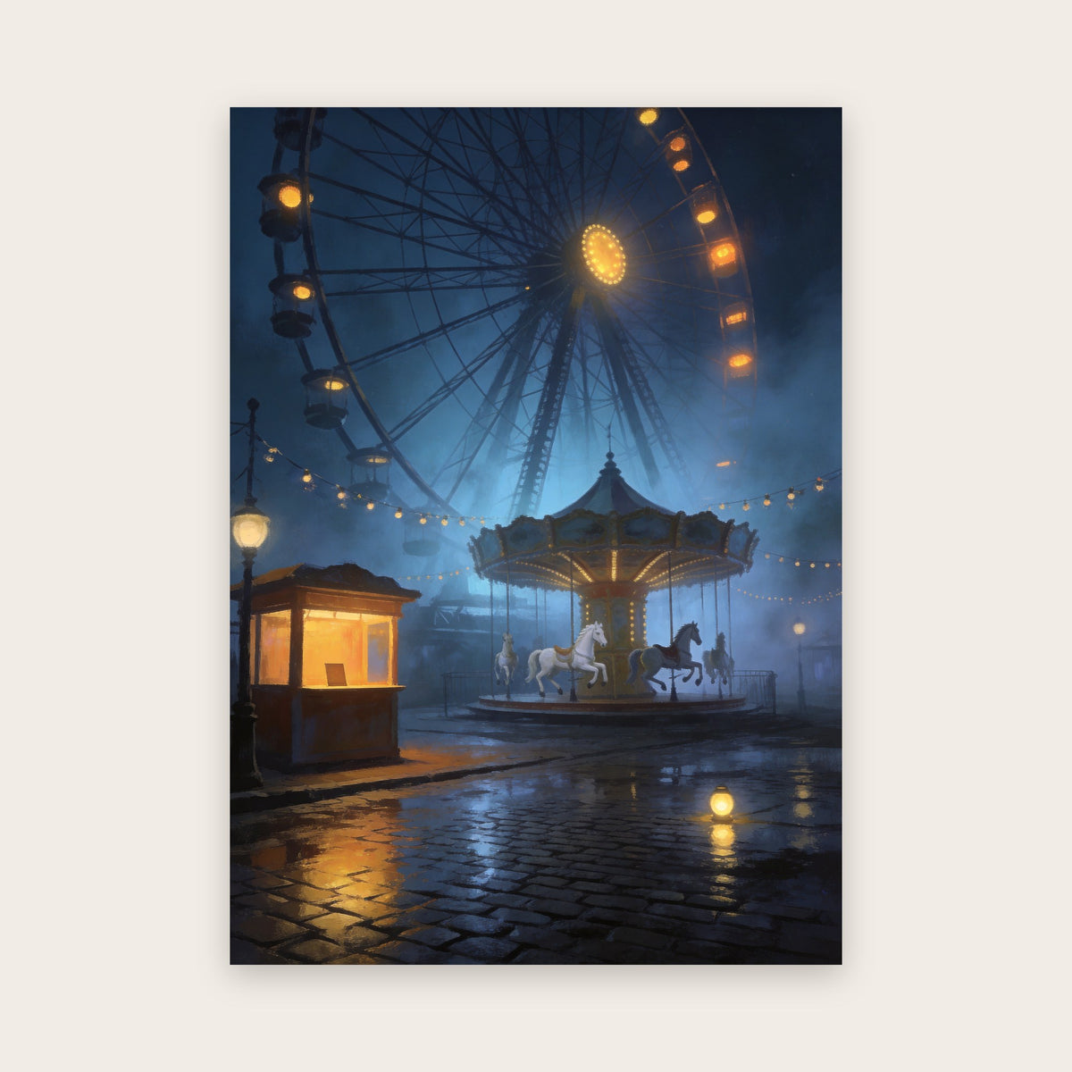 Tableau Halloween : fête foraine déserte la nuit dans le brouillard, grande roue, manège aux chevaux blancs, guichet éclairé et pavés mouillés