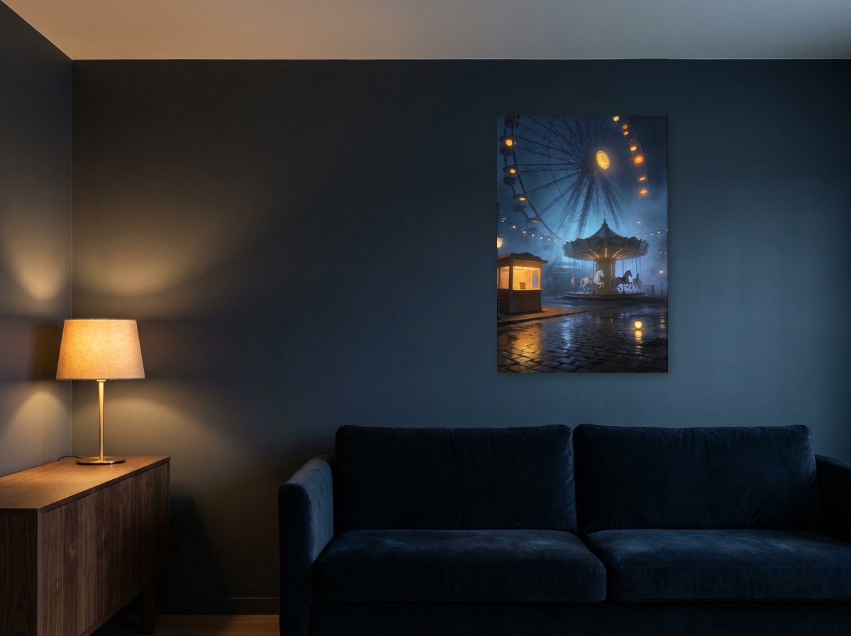 Mise en situation : toile « La Fête foraine hantée » au-dessus d'un canapé en velours bleu marine, sur un mur bleu nuit éclairé par une lampe