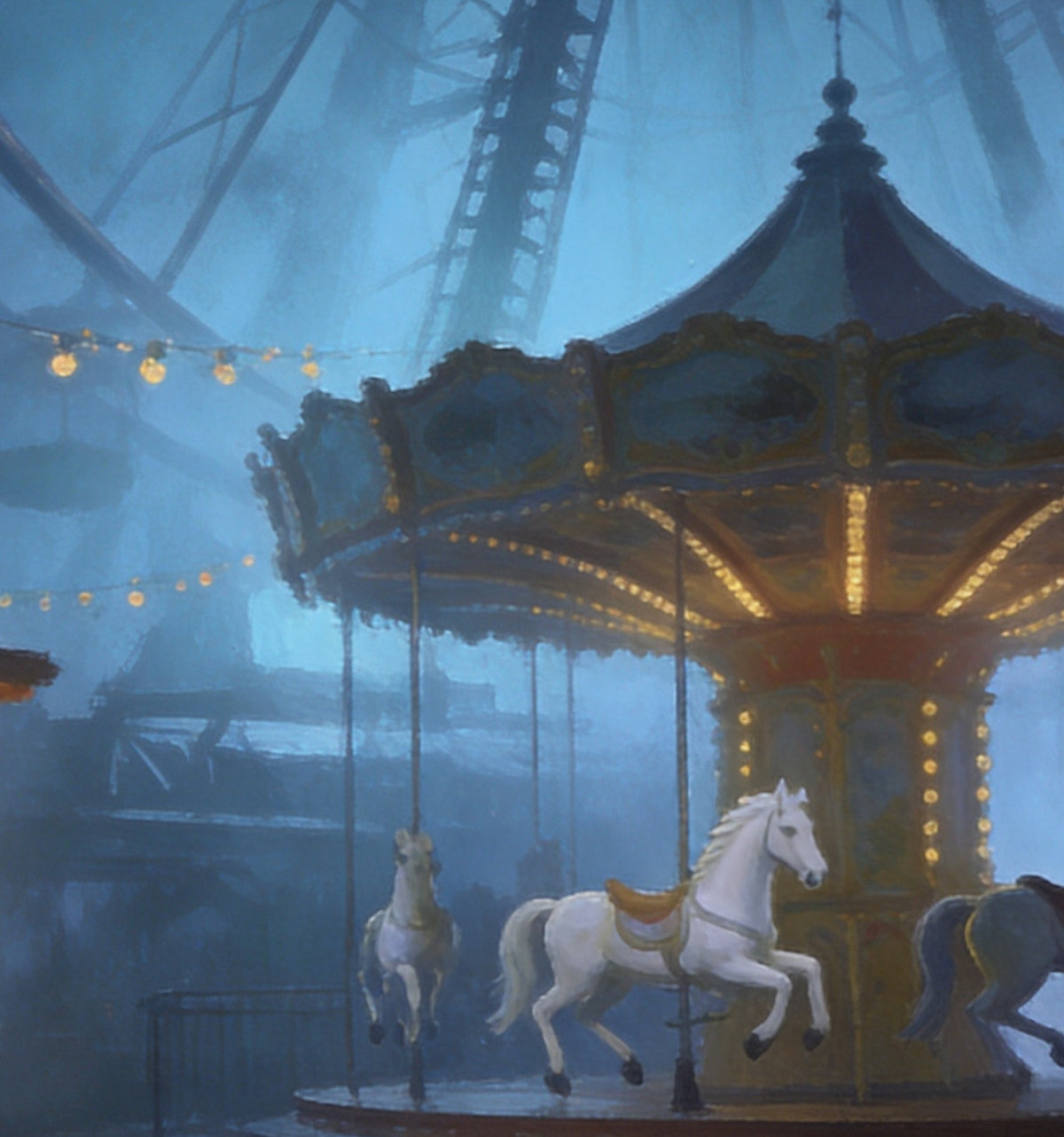 Détail de « La Fête foraine hantée » : le manège et les reflets dorés
