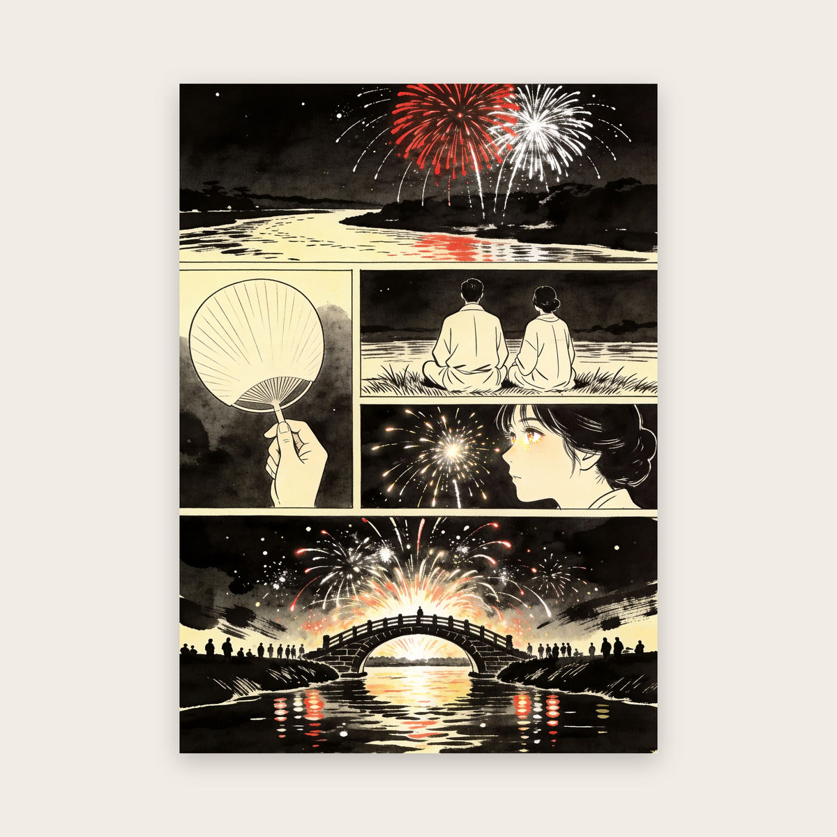 Affiche style manga en cinq cases : feux d'artifice rouges et blancs sur une rivière, couple assis de dos, éventail et profil d'une jeune femme