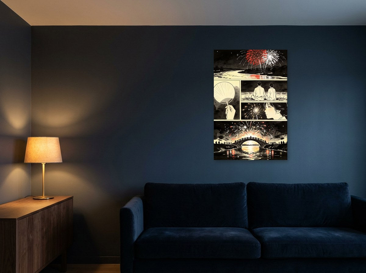 Mise en situation : toile de la planche des feux d'artifice au-dessus d'un canapé en velours bleu marine, sur un mur bleu nuit