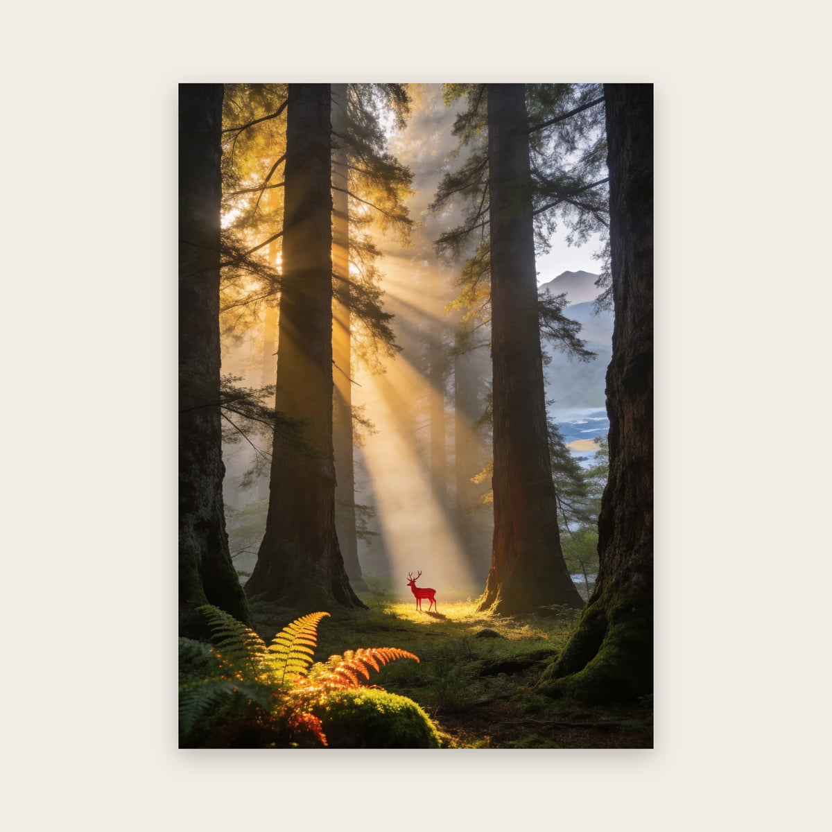 Affiche nature au rendu photo : forêt de pins géants traversée de rayons de soleil dans la brume, petit cerf dans une clairière, fougères dorées