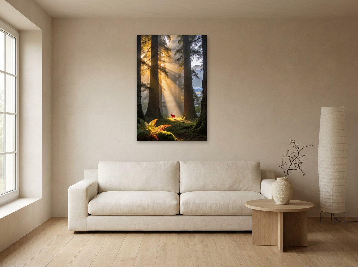 Mise en situation : toile « Forêt-cathédrale » au-dessus d'un canapé écru, sur le mur beige d'un salon japandi