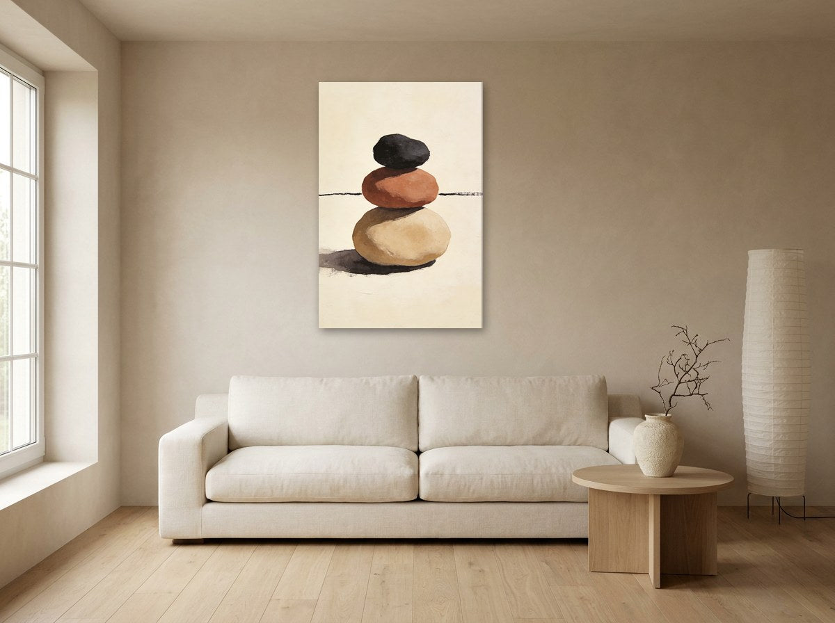 Mise en situation : toile « Formes en équilibre » au-dessus d'un canapé écru, sur le mur beige d'un salon japandi