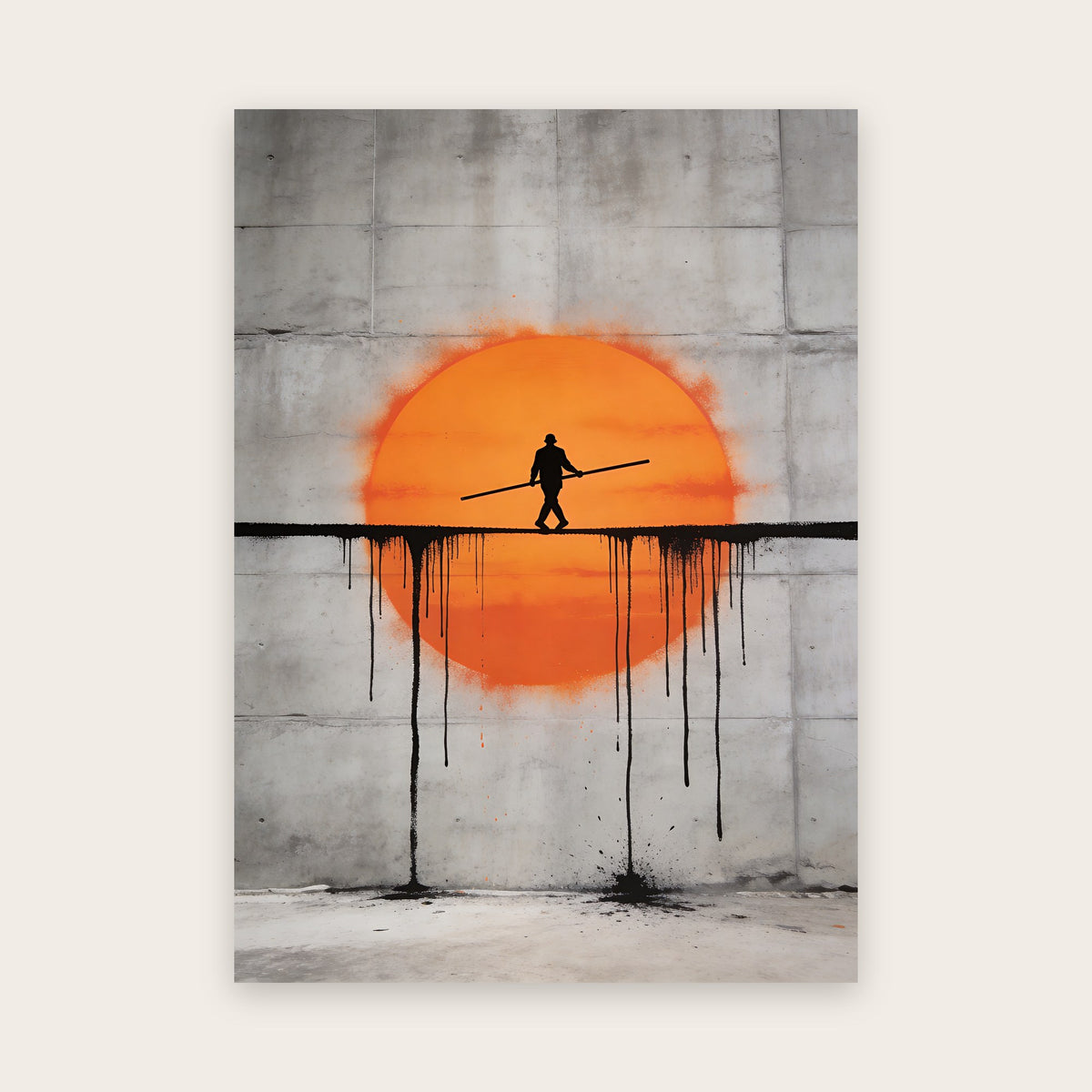 Affiche street art minimaliste : funambule avec balancier sur une ligne de peinture noire qui coule, devant un grand soleil orange sur un mur de béton