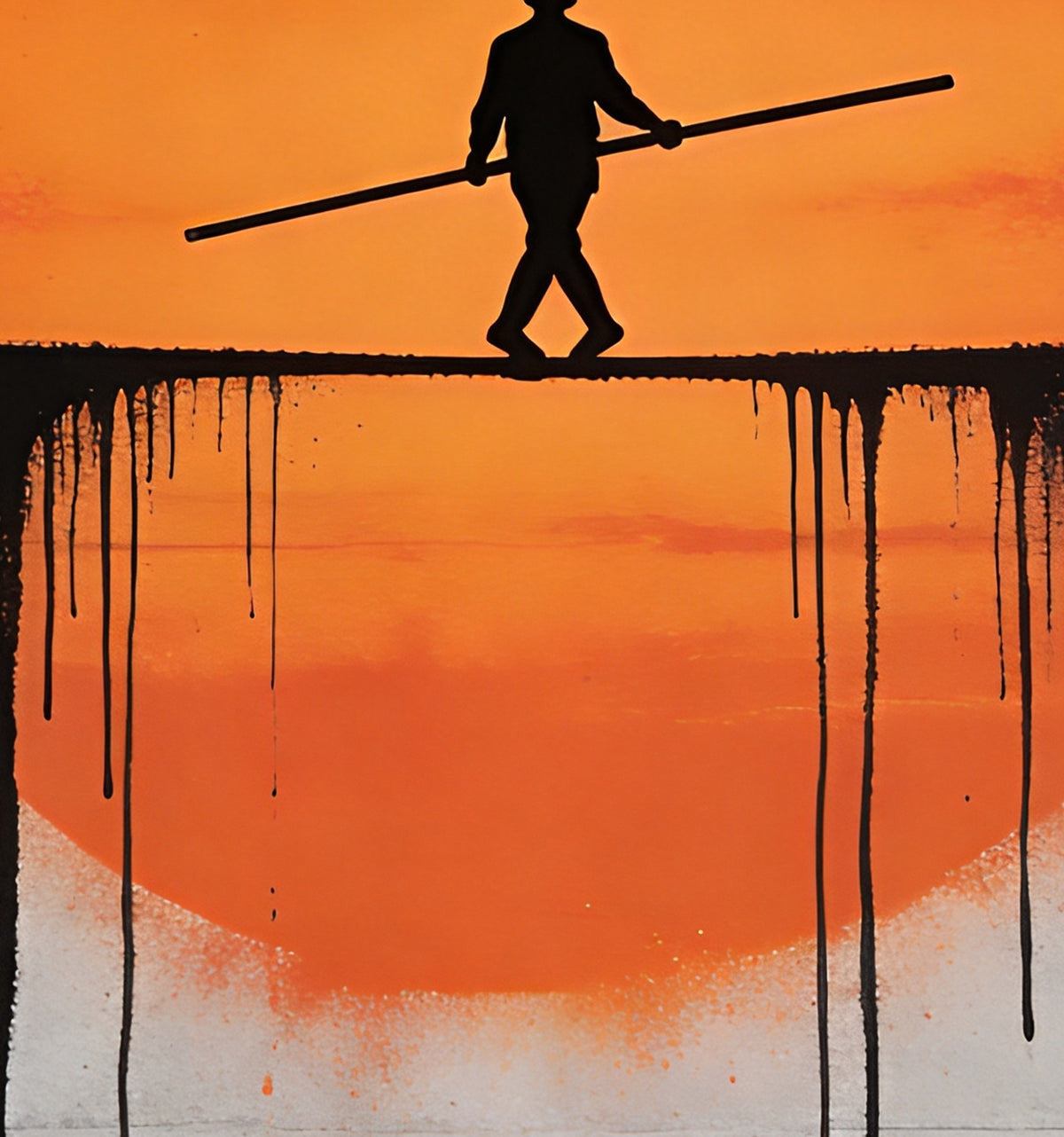 Détail : silhouette du funambule et de son balancier sur la ligne noire, devant le disque orange