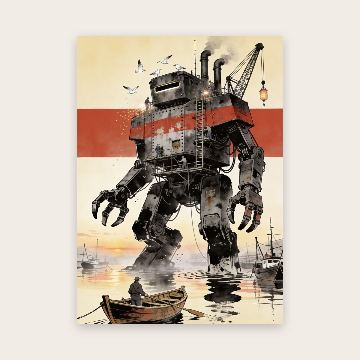 Affiche style manga : robot géant rouillé en réparation dans un port de pêche, devant une large bande vermillon, un rameur dans sa barque au premier plan
