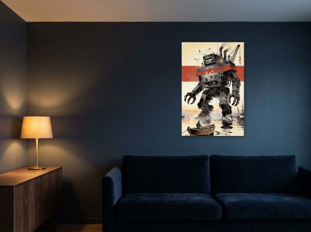 Mise en situation : toile du géant du port au-dessus d'un canapé en velours bleu marine, sur un mur bleu nuit éclairé par une lampe