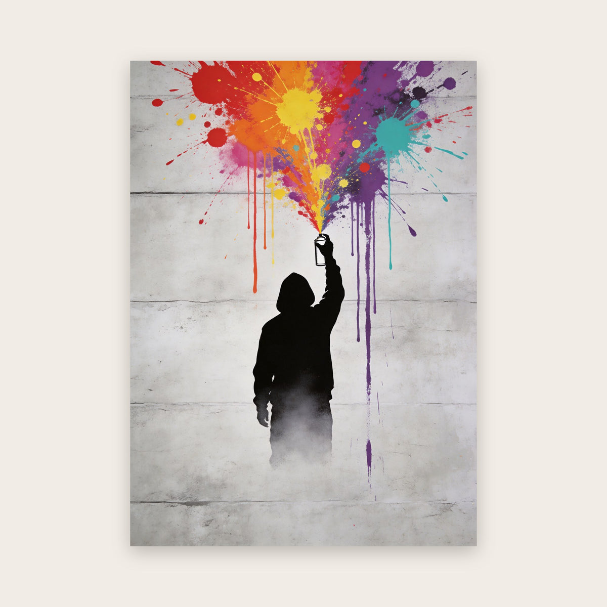 Affiche street art : silhouette noire de dos, capuche relevée, levant une bombe d'où jaillit une explosion de peinture multicolore sur un mur de béton