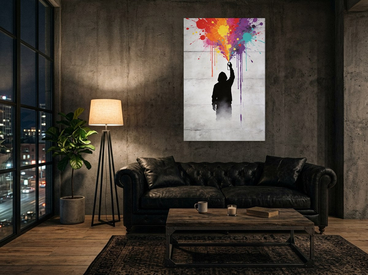 Mise en situation : toile du geste du graffeur au-dessus d'un canapé capitonné en cuir noir, contre un mur de béton brut dans un loft