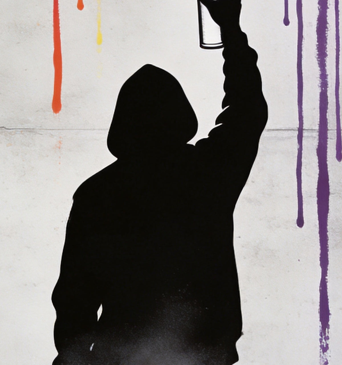 Détail : silhouette noire à capuche vue de dos, bras levé vers la bombe, coulures orange et violettes