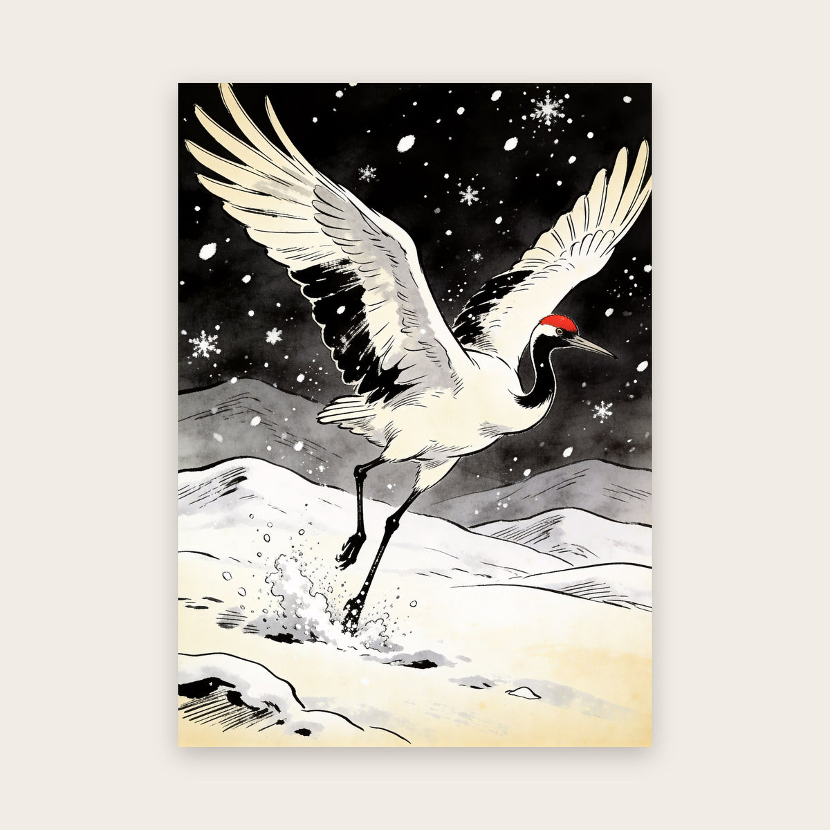 Affiche style manga à l’encre : grue du Japon se posant dans la neige, ailes déployées, calotte vermillon, ciel noir tramé de flocons