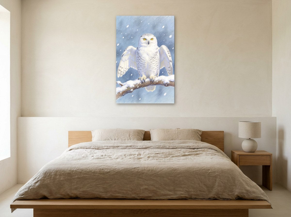 Mise en situation : toile « Harfang des neiges » au-dessus d'un lit en lin beige, dans une chambre aux murs crème