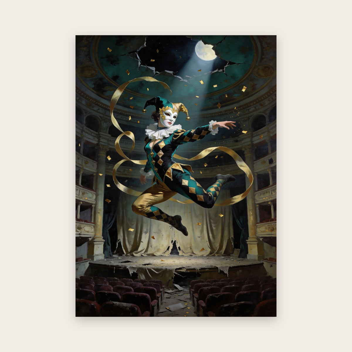 Tableau Halloween : acrobate en costume d’Arlequin sarcelle, noir et or, en plein saut au-dessus de la scène d’un théâtre abandonné, rubans d’or et rayon de lune