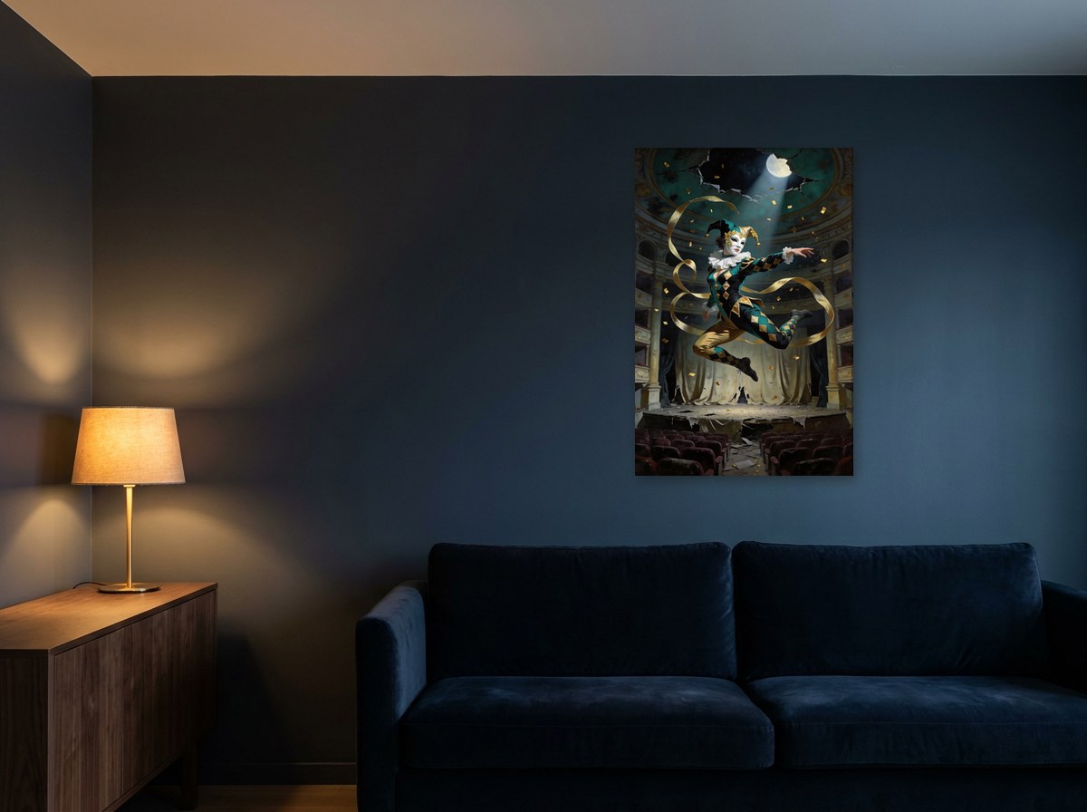 Mise en situation : toile « La Harlequine en plein saut » au-dessus d'un canapé en velours bleu marine, sur un mur bleu nuit éclairé par une lampe