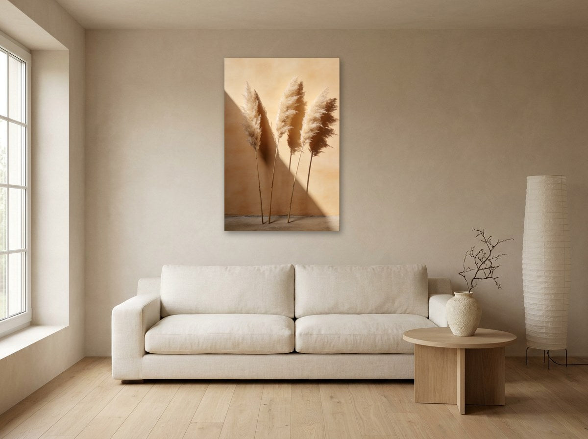 Mise en situation : toile « Herbes de pampa » au-dessus d'un canapé écru, sur le mur beige d'un salon japandi