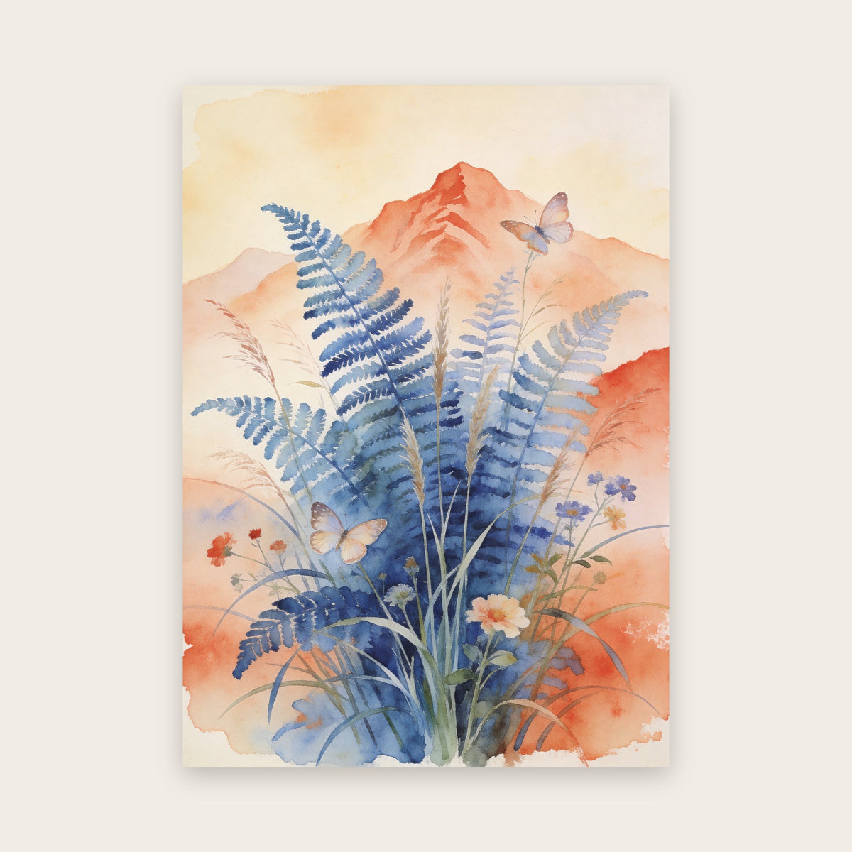 Affiche aquarelle : fougères bleues, herbes et petites fleurs, deux papillons, sur un lavis corail en forme de montagne, papier crème