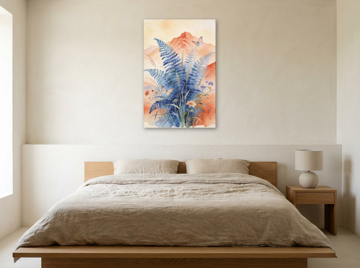 Mise en situation : toile « Herbier à l’aquarelle » au-dessus d'un lit en lin beige, dans une chambre aux murs crème